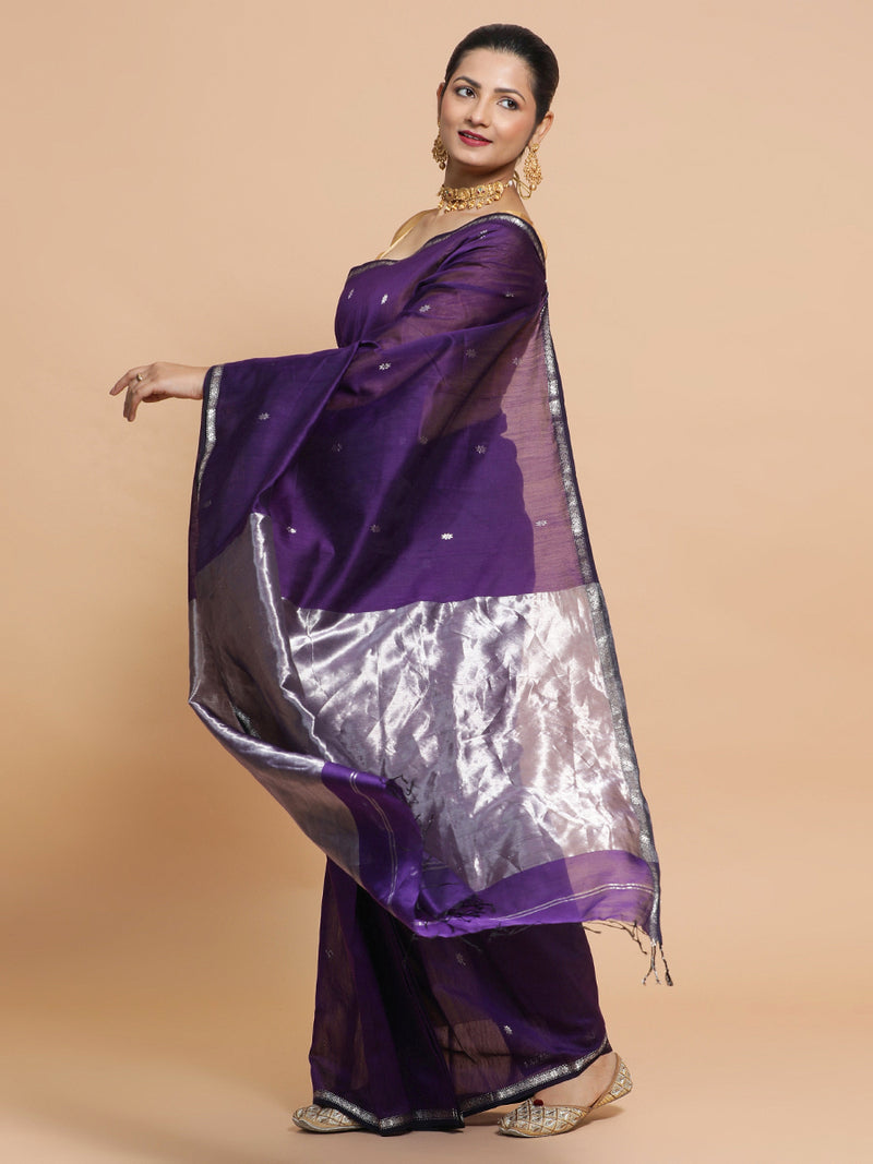 Maheshwari Handloom Pure Silk Cotton Purple Saree with Silver Zari Border-Binks