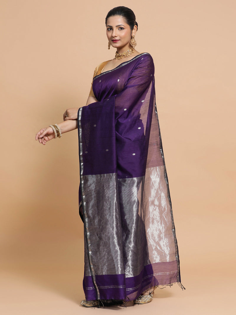 Maheshwari Handloom Pure Silk Cotton Purple Saree with Silver Zari Border-Binks