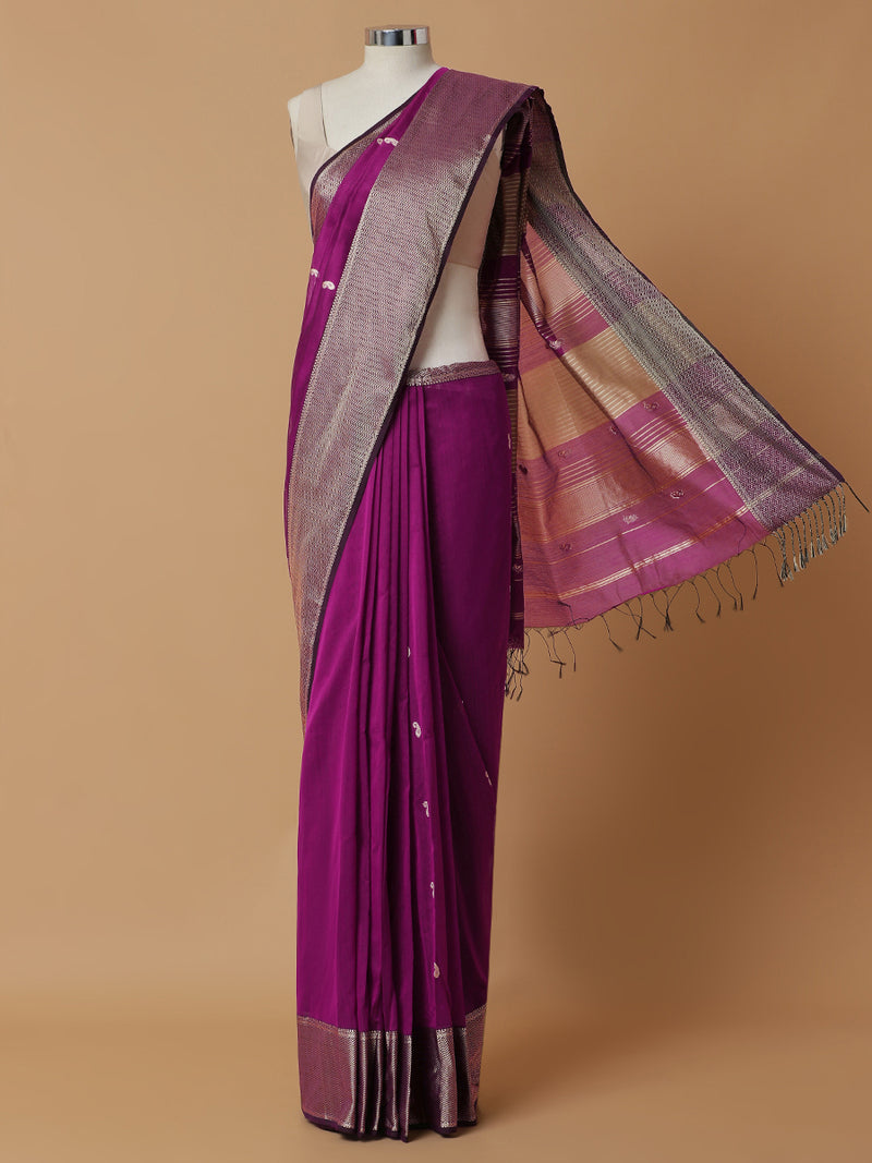 Maheshwari Cotton Silk Deep Purple Saree With Woven Butta-Binks