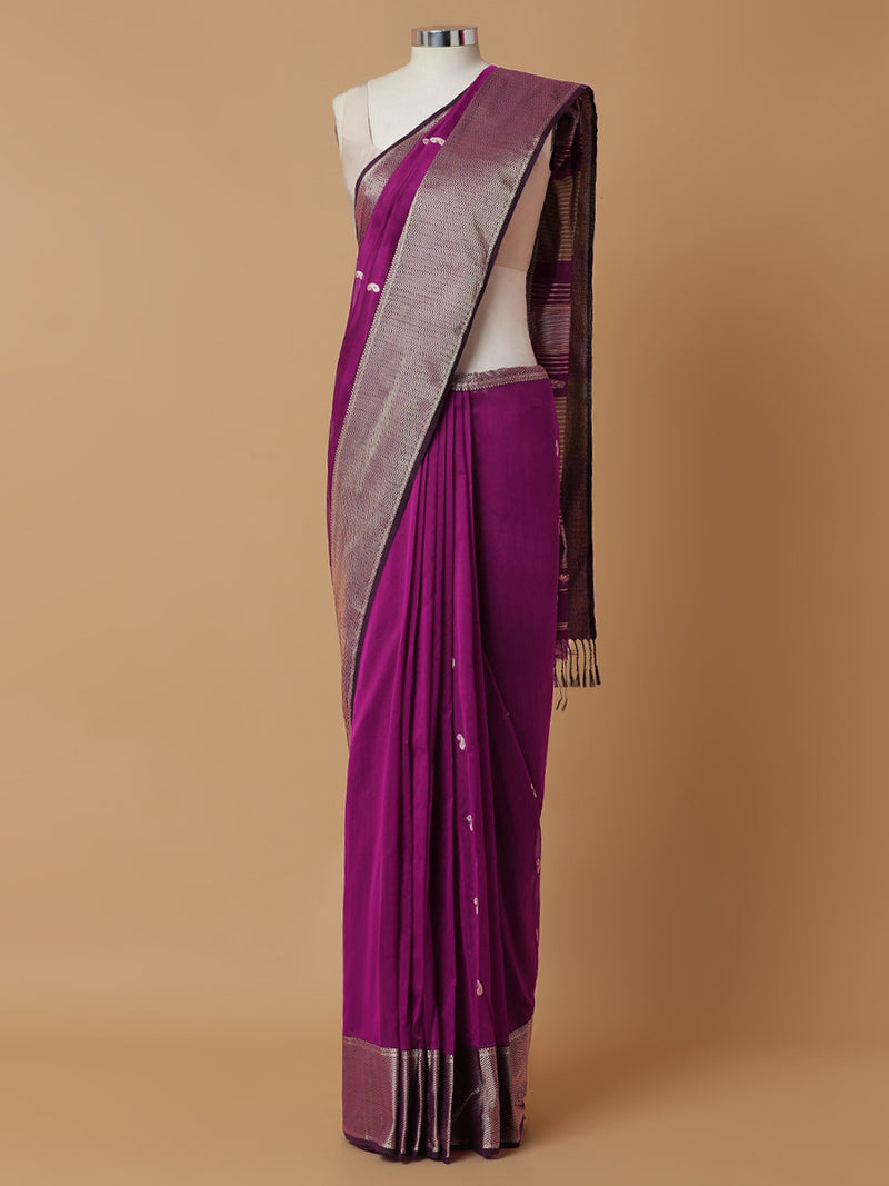 Maheshwari Cotton Silk Deep Purple Saree With Woven Butta-Binks
