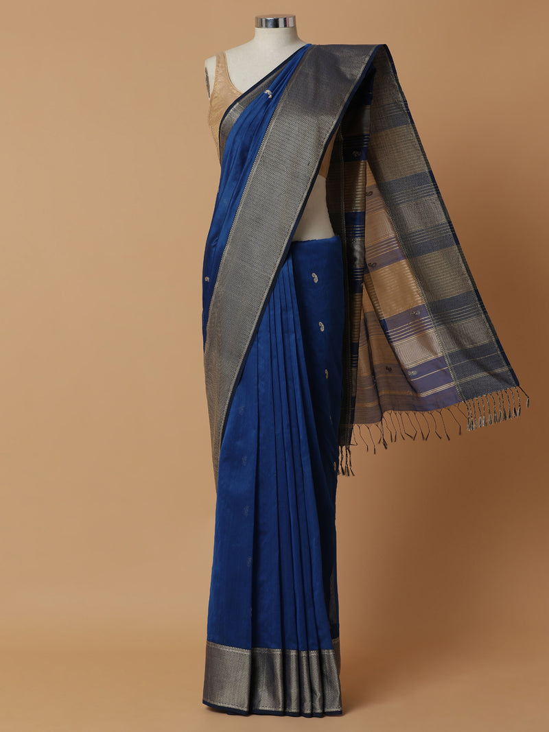 Maheshwari Cotton Silk Blue Saree With Woven Butta-Binks
