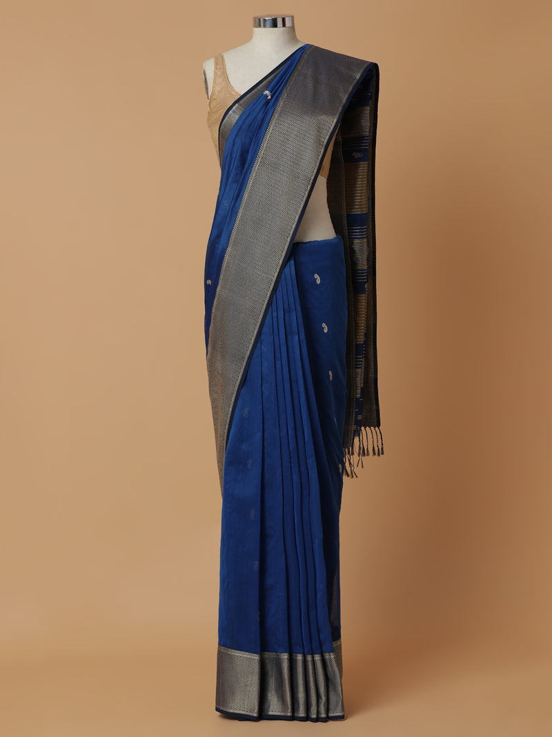 Maheshwari Cotton Silk Blue Saree With Woven Butta-Binks