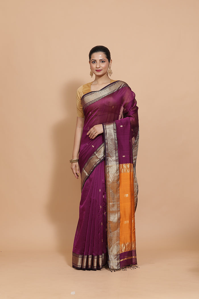 Maheshwari Cotton Silk Deep Purple Saree with Woven lotus Butta-Binks