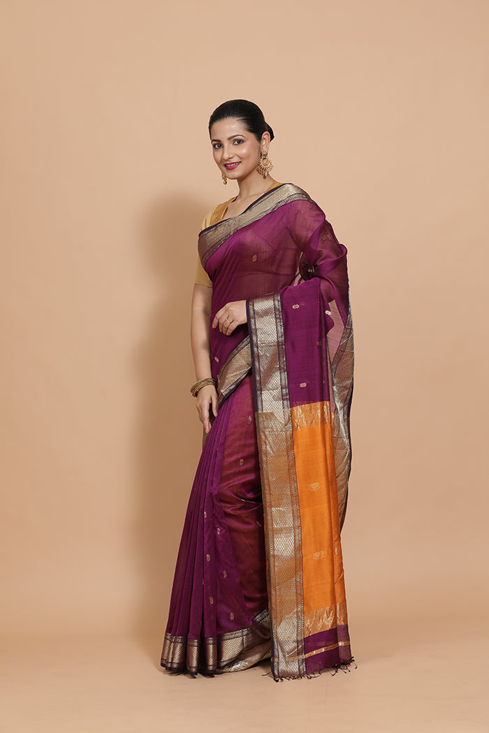 Maheshwari Cotton Silk Deep Purple Saree with Woven lotus Butta-Binks
