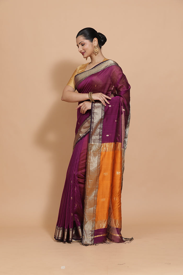 Maheshwari Cotton Silk Deep Purple Saree with Woven lotus Butta-Binks