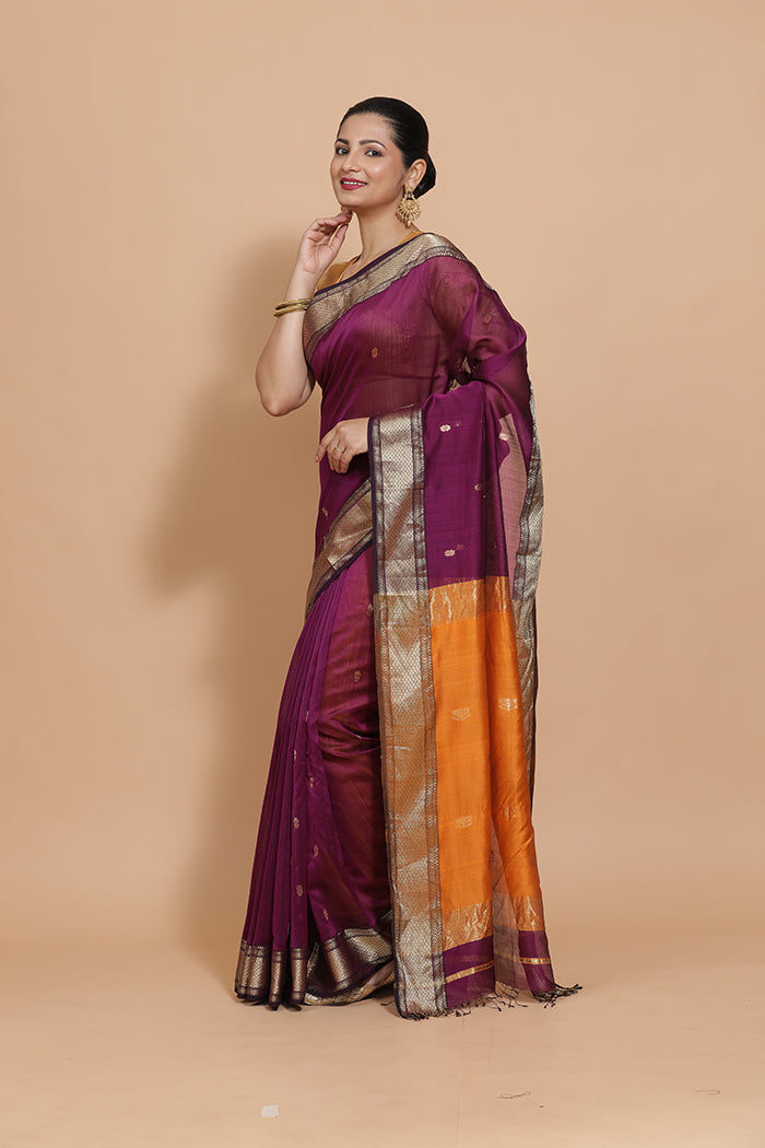 Maheshwari Cotton Silk Deep Purple Saree with Woven lotus Butta-Binks