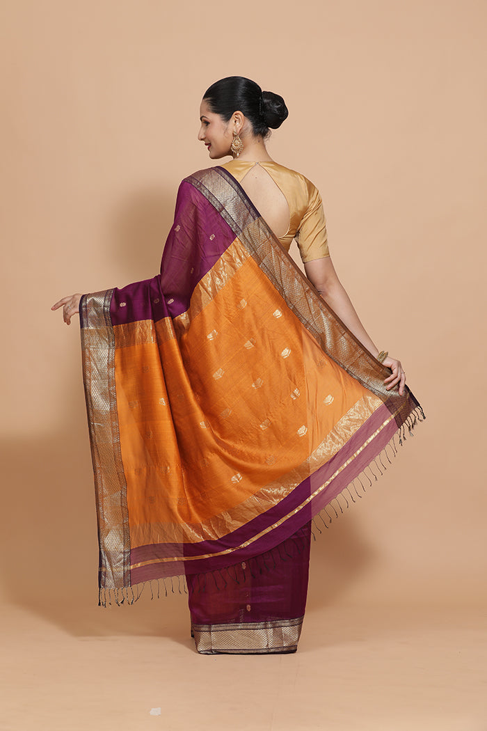 Maheshwari Cotton Silk Deep Purple Saree with Woven lotus Butta-Binks