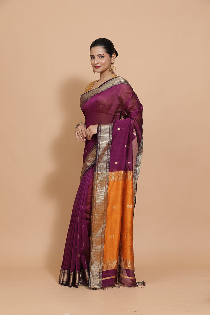 Maheshwari Cotton Silk Deep Purple Saree with Woven lotus Butta-Binks