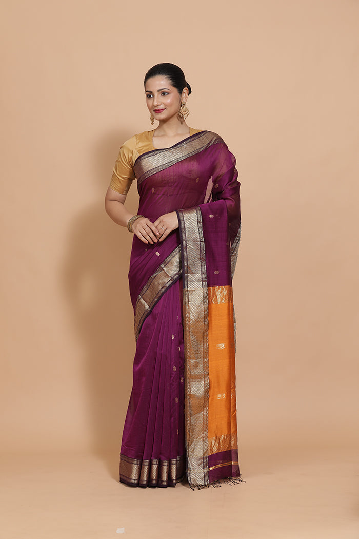 Maheshwari Cotton Silk Deep Purple Saree with Woven lotus Butta-Binks