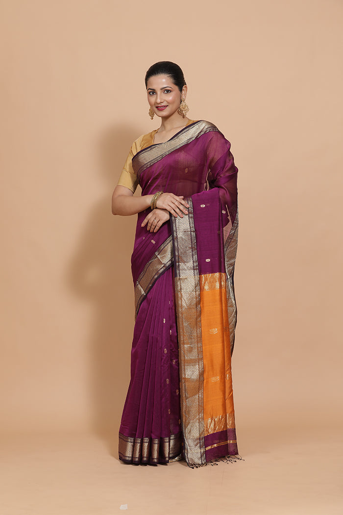 Maheshwari Cotton Silk Deep Purple Saree with Woven lotus Butta-Binks