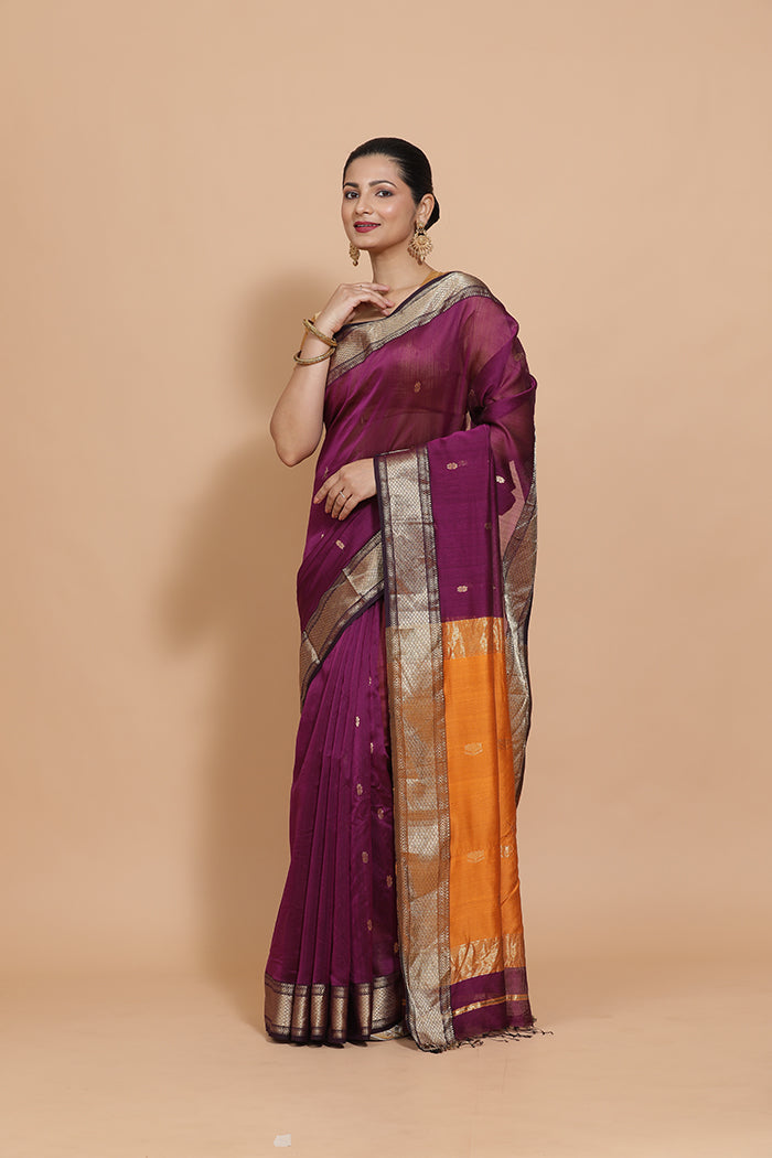 Maheshwari Cotton Silk Deep Purple Saree with Woven lotus Butta-Binks