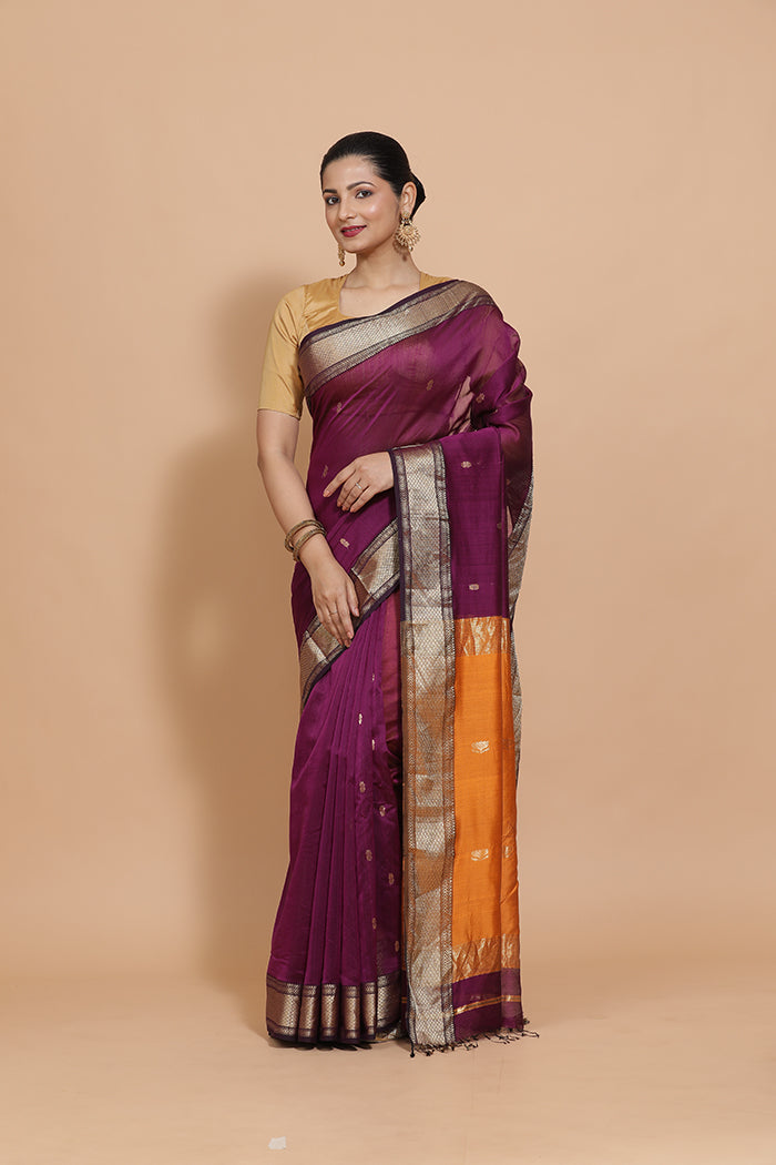 Maheshwari Cotton Silk Deep Purple Saree with Woven lotus Butta-Binks