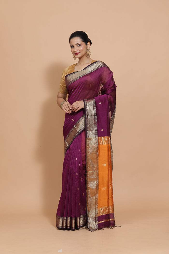 Maheshwari Cotton Silk Deep Purple Saree with Woven lotus Butta-Binks