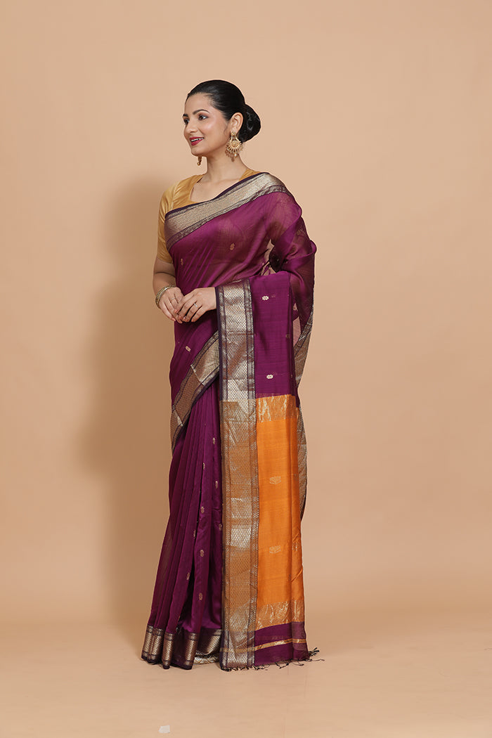 Maheshwari Cotton Silk Deep Purple Saree with Woven lotus Butta-Binks