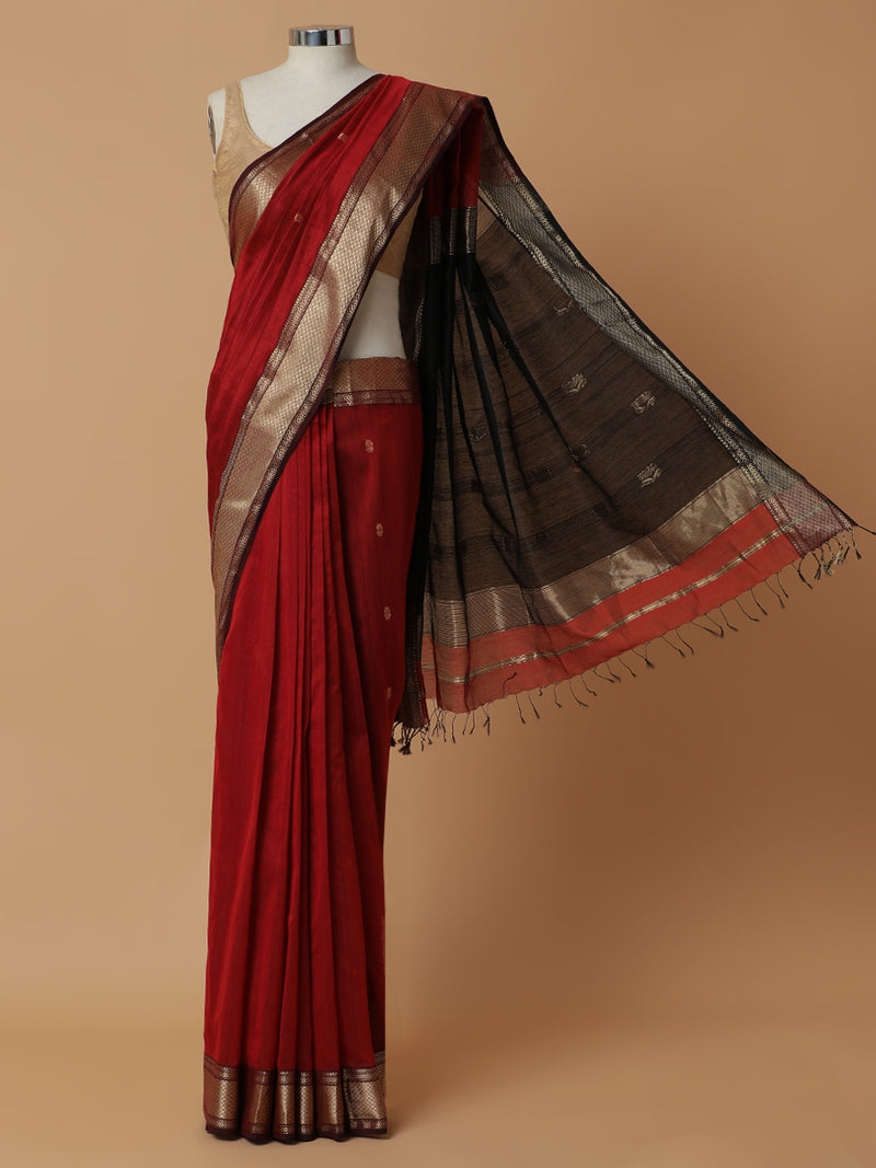 Maheshwari Cotton Silk Deep Red Saree With Woven Lotus Butta-Binks