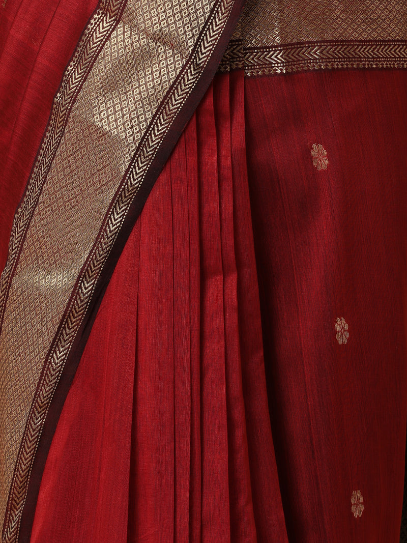 Maheshwari Cotton Silk Deep Red Saree With Woven Lotus Butta-Binks