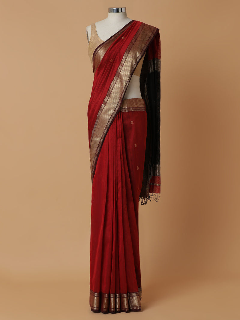 Maheshwari Cotton Silk Deep Red Saree With Woven Lotus Butta-Binks