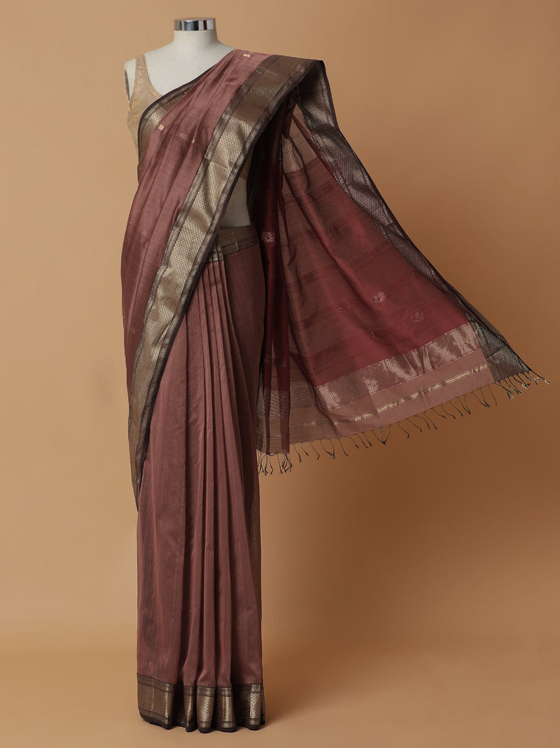 Maheshwari Cotton Silk Dusty Pink Saree With Woven Lotus Butta-Binks