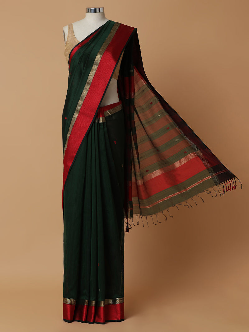 Maheshwari Cotton Silk Bottle Green Saree With Woven Butta-Binks