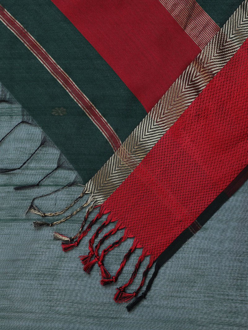 Maheshwari Cotton Silk Bottle Green Saree With Woven Butta-Binks