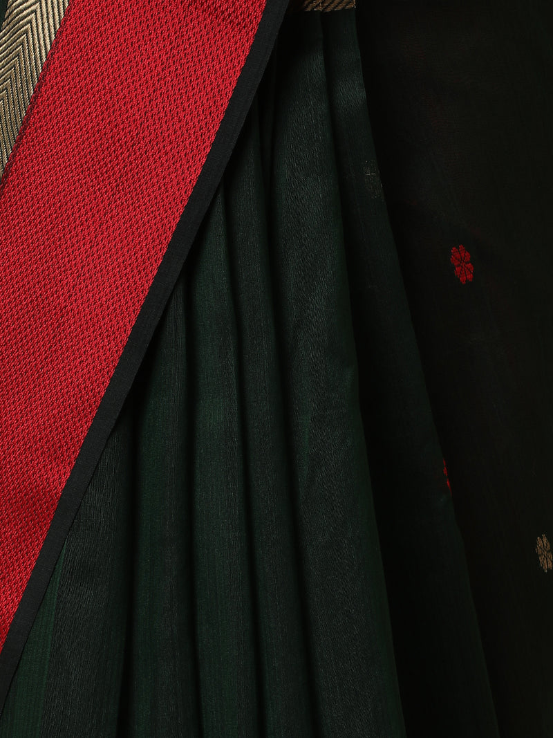 Maheshwari Cotton Silk Bottle Green Saree With Woven Butta-Binks
