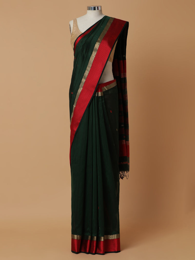 Maheshwari Cotton Silk Bottle Green Saree With Woven Butta-Binks