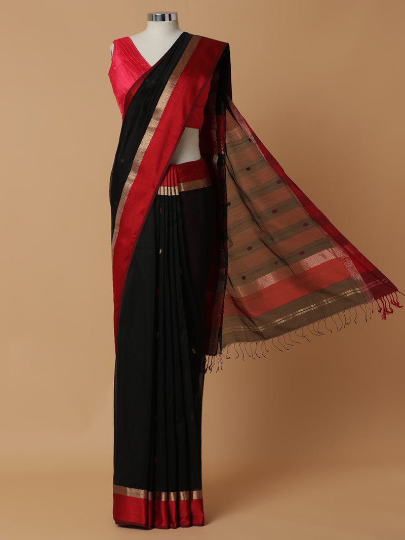 Maheshwari Cotton Silk Black Saree With Woven Butta-Binks
