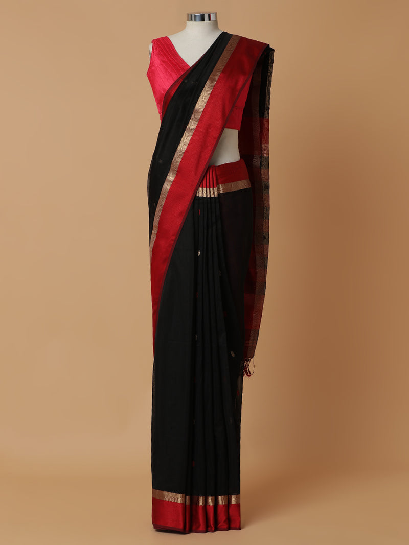 Maheshwari Cotton Silk Black Saree With Woven Butta-Binks