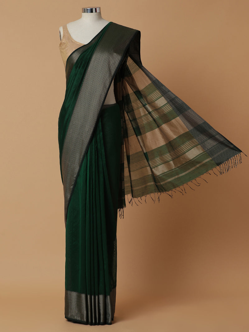 Maheshwari Cotton Silk Dark Green Saree With Big Woven Border-Binks