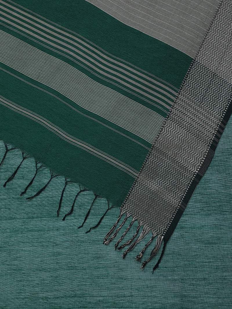 Maheshwari Cotton Silk Dark Green Saree With Big Woven Border-Binks