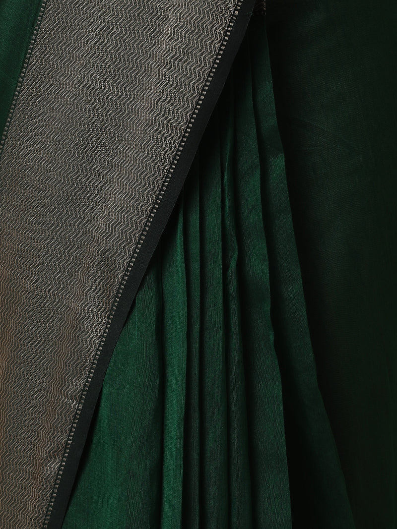 Maheshwari Cotton Silk Dark Green Saree With Big Woven Border-Binks