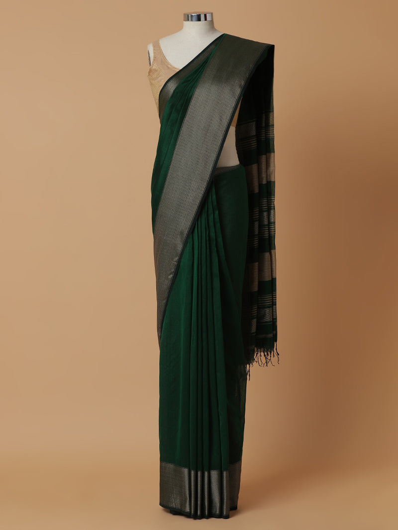 Maheshwari Cotton Silk Dark Green Saree With Big Woven Border-Binks