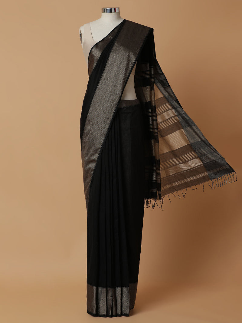 Maheshwari Cotton Silk Black Saree with Big Woven Border-Binks