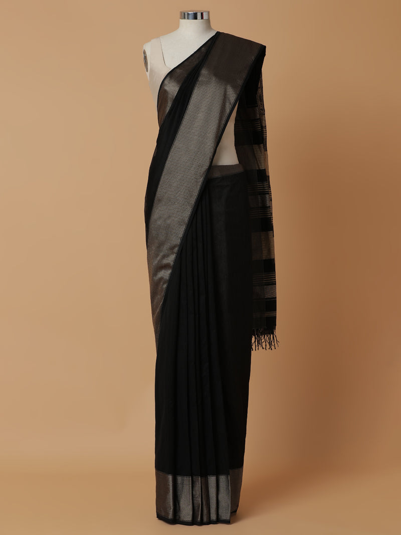 Maheshwari Cotton Silk Black Saree with Big Woven Border-Binks