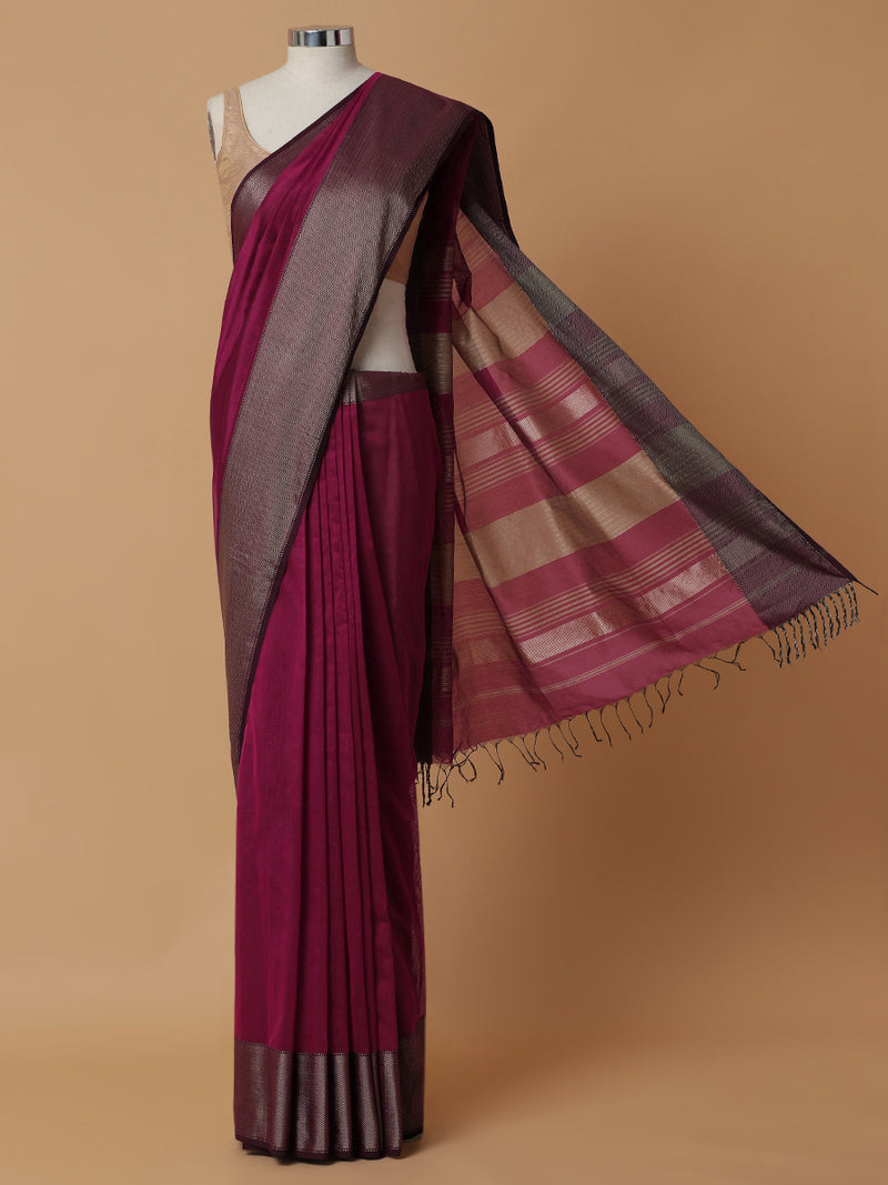 Maheshwari Cotton Silk Magenta Saree With Big Border-Binks