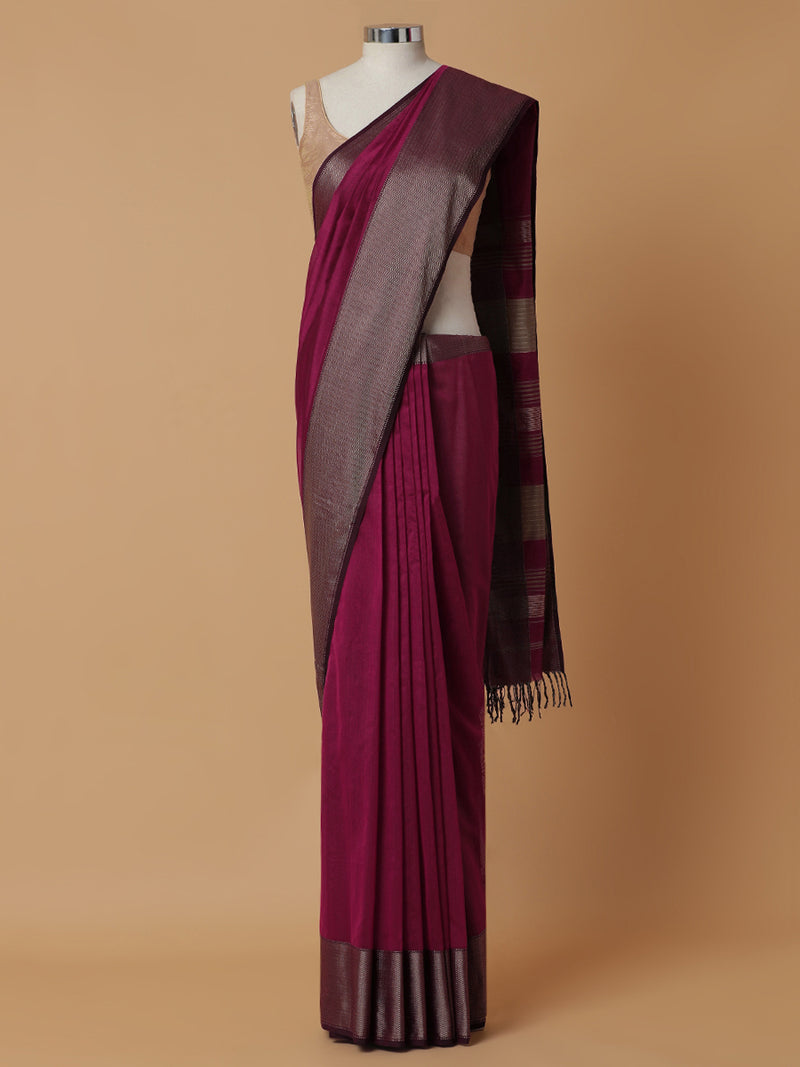 Maheshwari Cotton Silk Magenta Saree With Big Border-Binks