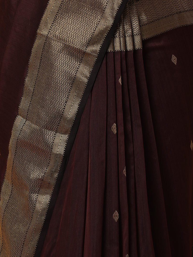 Maheshwari Cotton Silk Dark Brown Saree With Woven diamond Butta-Binks
