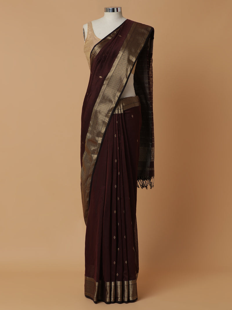Maheshwari Cotton Silk Dark Brown Saree With Woven diamond Butta-Binks