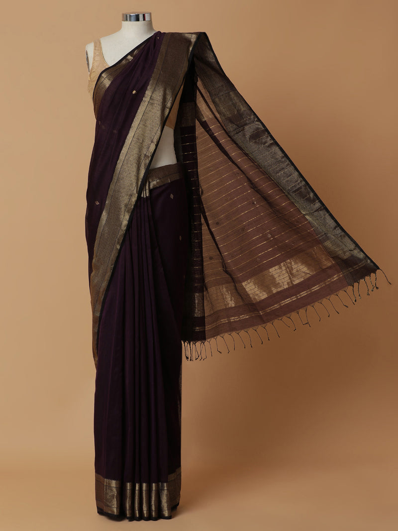 Maheshwari Cotton Silk Deep Violet Saree With Woven Diamond Butta-Binks
