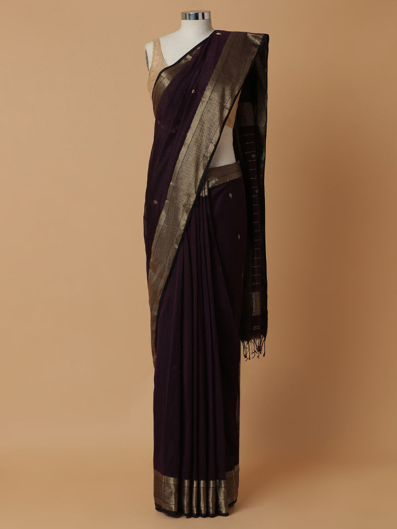 Maheshwari Cotton Silk Deep Violet Saree With Woven Diamond Butta-Binks