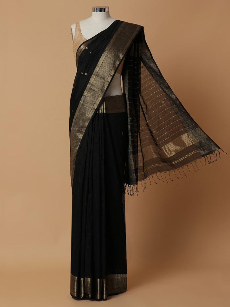 Maheshwari Cotton Silk Black Saree With Woven Diamond Butta-Binks