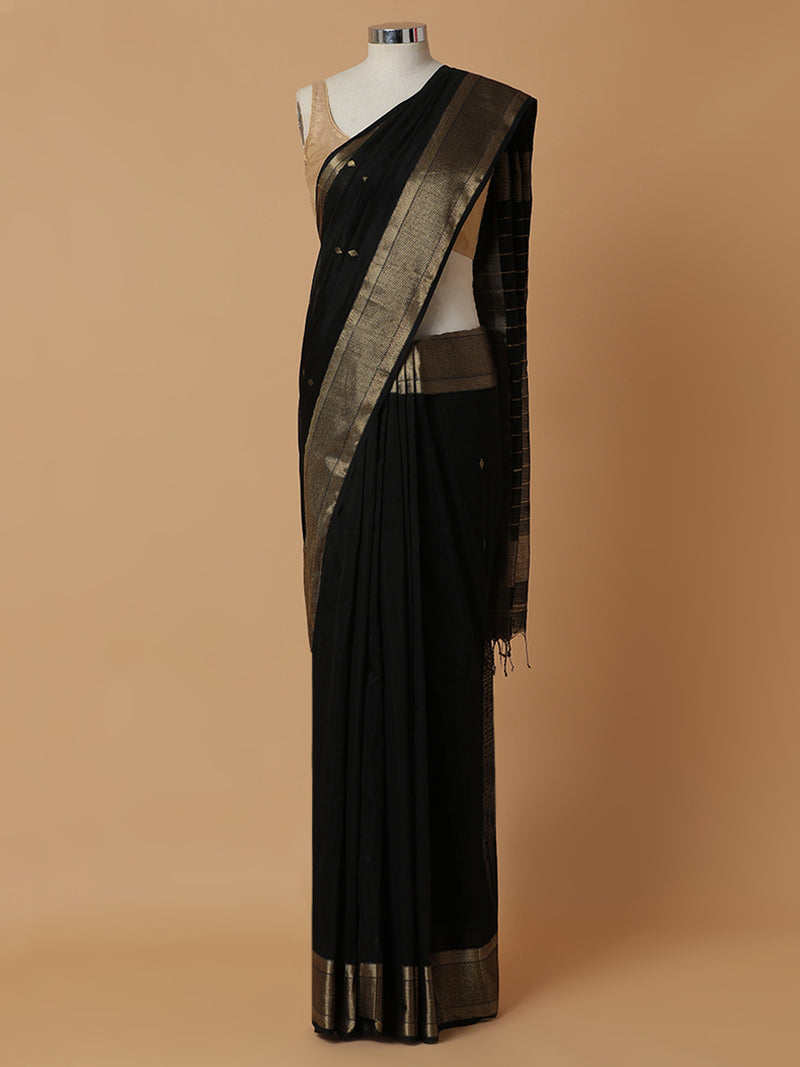 Maheshwari Cotton Silk Black Saree With Woven Diamond Butta-Binks