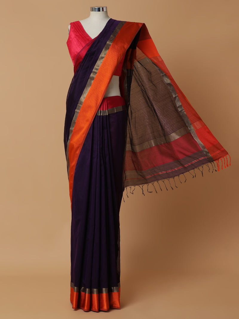 Maheshwari Cotton Silk Deep Purple Saree With Ganga-Jamuna Border-Binks