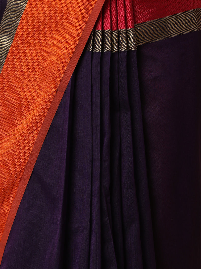 Maheshwari Cotton Silk Deep Purple Saree With Ganga-Jamuna Border-Binks