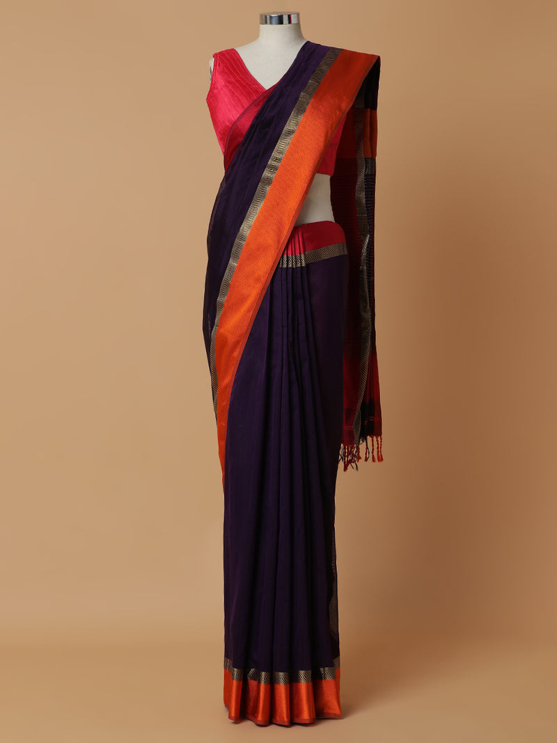 Maheshwari Cotton Silk Deep Purple Saree With Ganga-Jamuna Border-Binks