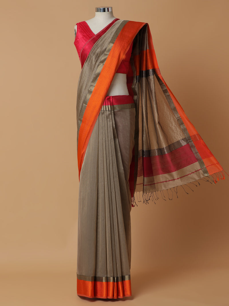 Maheshwari Cotton Silk Dark Beige Saree With Ganga-Jamuna Border-Binks