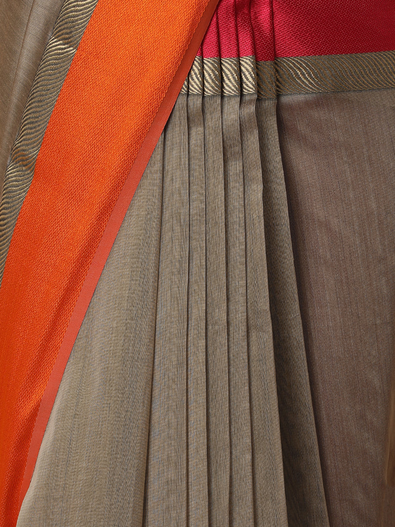 Maheshwari Cotton Silk Dark Beige Saree With Ganga-Jamuna Border-Binks