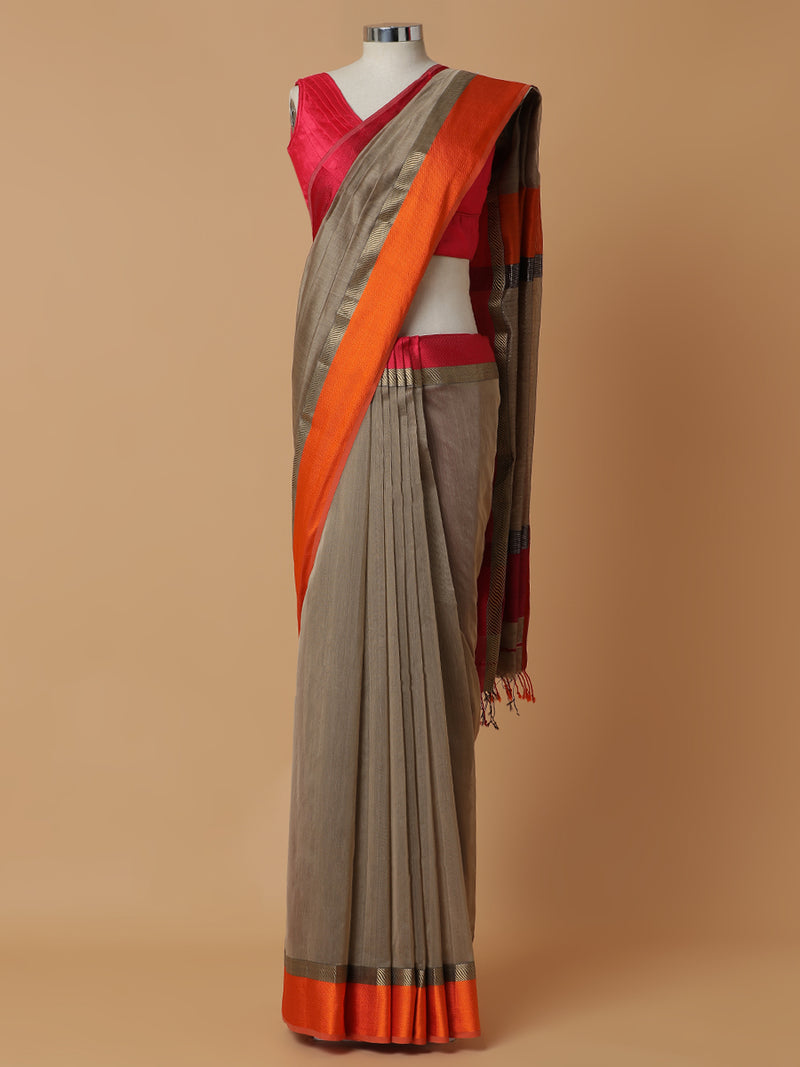 Maheshwari Cotton Silk Dark Beige Saree With Ganga-Jamuna Border-Binks