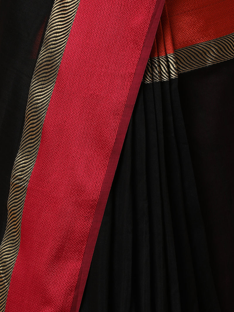 Maheshwari Cotton Silk Black Saree With Ganga-Jamuna Border-Binks