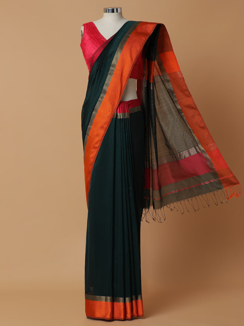 Maheshwari Cotton Silk Peacock Green Saree With Ganga-Jamuna Border-Binks